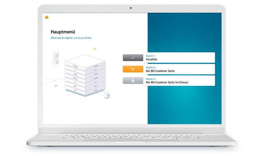 Illustration eines Laptops der einen Screenshot des Hauptmenüs aus einem Training zeigt