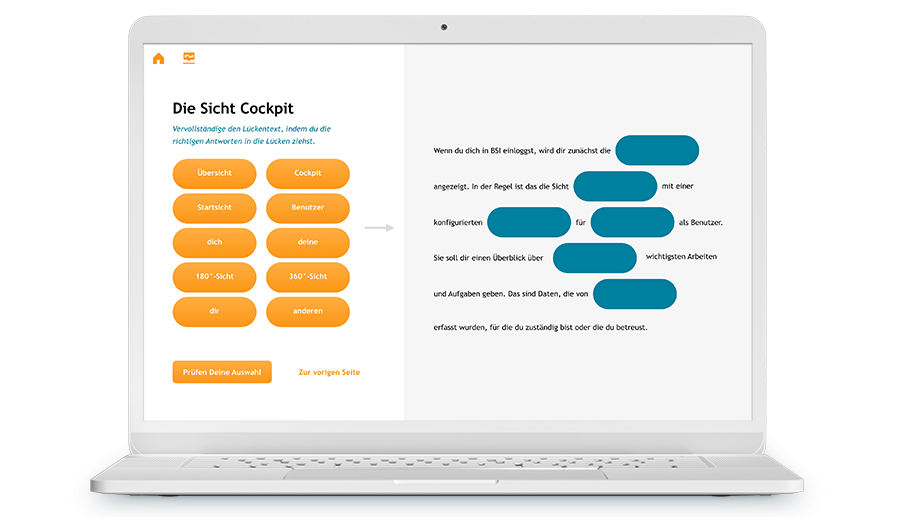 Illustration eines Laptops der einen Screenshot von einem Drag and Drop Quiz aus einem Training zeigt
