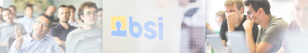 Collage von Menschen in einer Besprechung, dem BSI-Logo und Personen, die an Computern arbeiten.