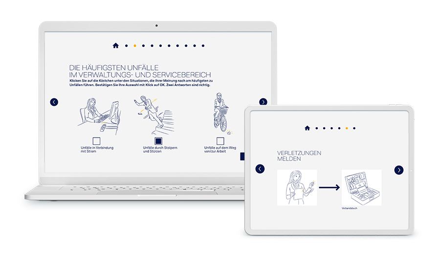 Laptop und Tablet mit Screenshots aus dem Training, es geht um Unfälle im Verwaltungs- und Servicebereich.