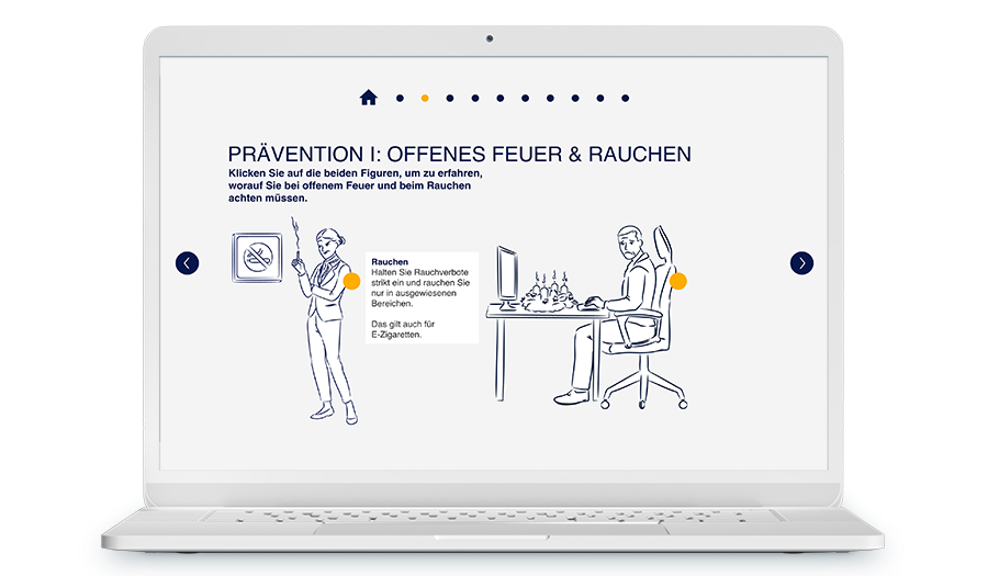 Laptop mit Screenshot aus dem Training, es geh um Prävention offenes Feuer und Rauchen, es sit eine Illustration einer Person mit Zigarette und eine mit einem Geburtstagskuchen am Schreibtisch abgebildet.