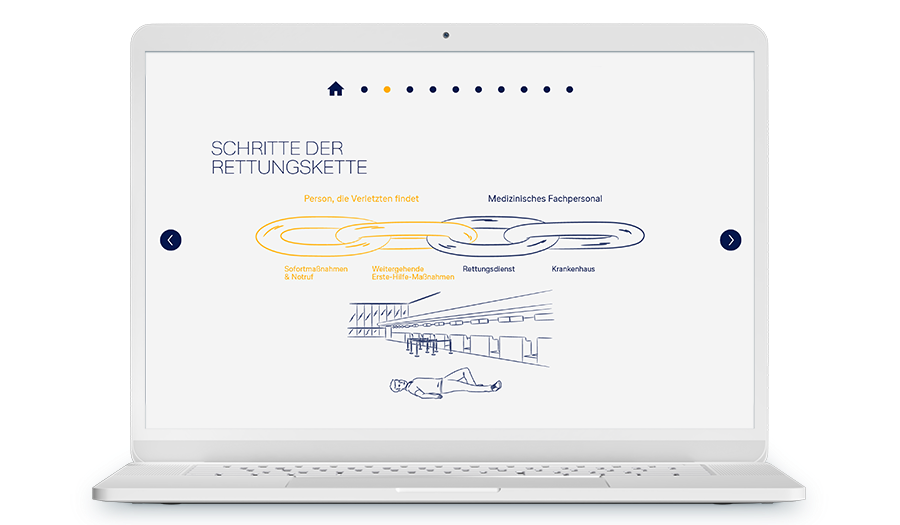 Laptop mit Screenshots aus dem Training, es geht um die Schritte der Rettungskette, es ist eine Illustration einer am Boden liegenden Person abgebildet.