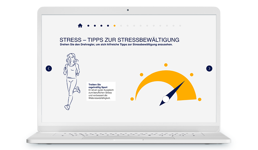 Laptop mit Screenshot aus dem Training, es geht um Tipps zur Stressbewältigung.