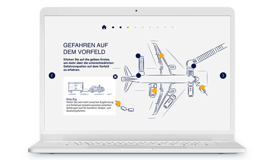 Laptop mit Screenshot aus dem Training, es geht um Gefahren auf dem Vorfeld.