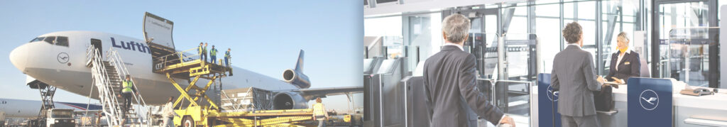 Links wird ein Lufthansa-Frachtflugzeug beladen, während sich recht zwei Personen im Anzug am Lufthansa-Check-in-Schalter im Terminal befinden.