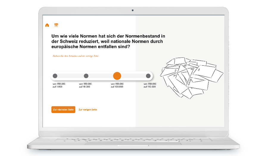 Laptop mit Screenshot einer Schieberegler Folie aus einem Training über Normen