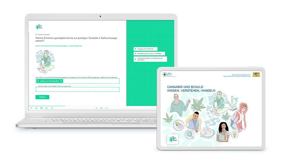 Laptop und Tablet mir Screenshots aus einem Training in dem es um Cannabisprävention an Schulen geht.