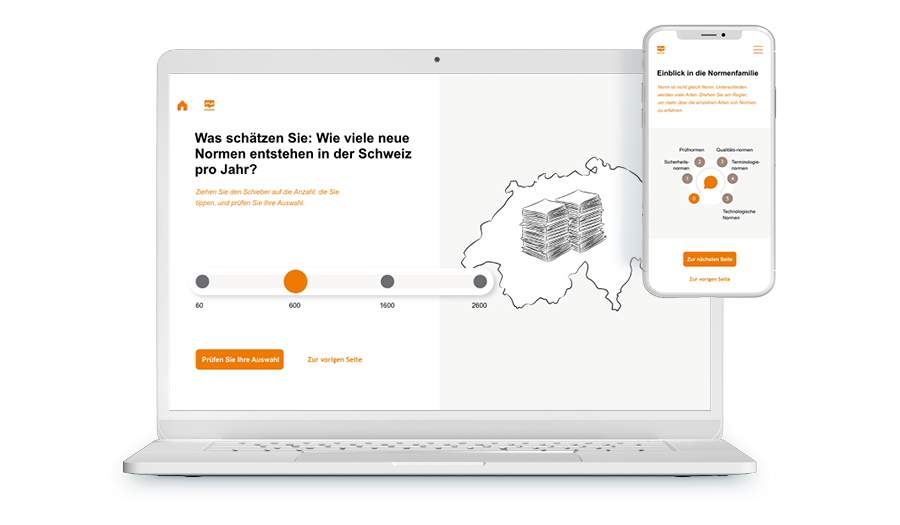 Laptop und Smartphone mit Screenshot aus dem Training, es geht darum wie viele Normen in der Schweiz jährlich entstehen.