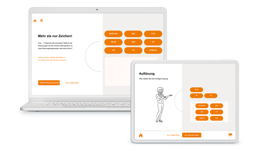 Laptop und Tablet mit Screenshot aus dem Training, es zeigt eine Quiz Folie aus dem Training.