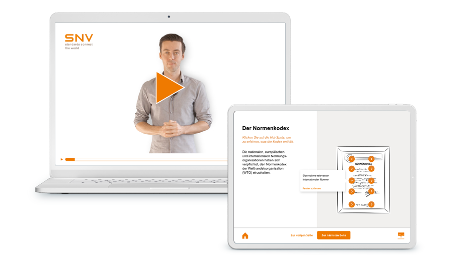 Laptop und Tablet mit Screenshot aus dem Training, es zeigt ein Talking Head und einen Normencodex.