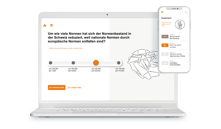 Laptop und Smartphone mit Screenshot aus dem Training, es geht um Normen.