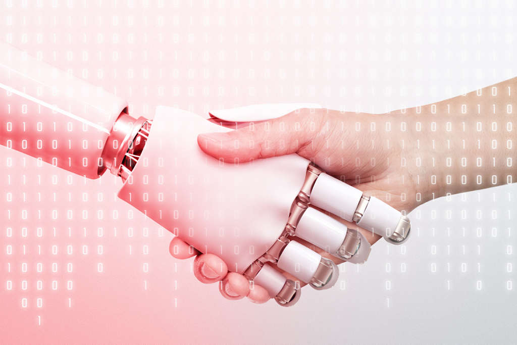 Ein menschliche und eine Roboterhand, die sich begrüßen. Um sie herum sind Binärcodes zu sehen.