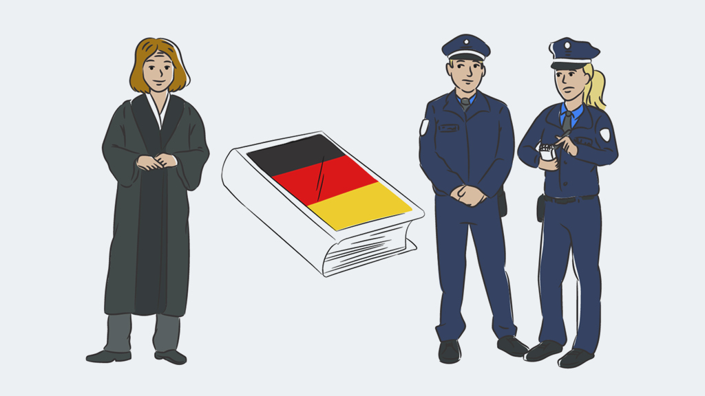 Illustration einer Richterin, eines deutschen Gesetzbuchs und zweier Polizist*innen