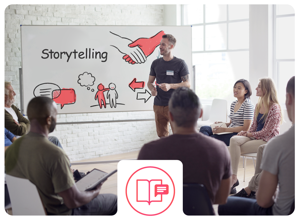 Eine Person hält eine Präsentation über Storytelling vor einem Publikum in einem modernen Seminarraum mit einem großen Whiteboard.