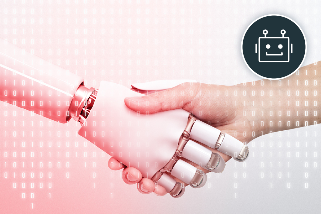 Ein eine menschliche und eine Roboterhand, die sich begrüßen. Um sie herum fliegen Binärcodes.