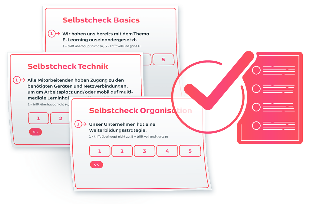 Dokumente zum Selbstcheck und Icon das für eine Checkliste steht und ein großer Haken daneben.