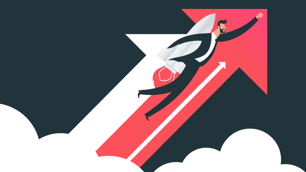 Illustration einer Person im Anzug mit Raketenrucksack, die in den Himmel aufsteigt.