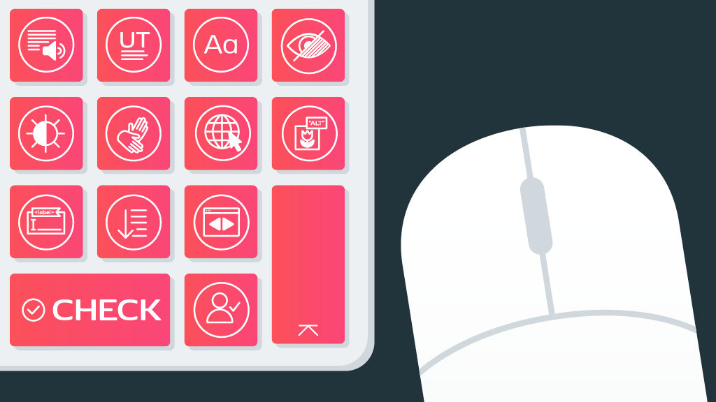 Die Grafik zeigt eine stilisierte Computertastatur mit pinken Tasten, die verschiedene Symbole für Barrierefreiheitsaspekte darstellen. Rechts daneben ist eine Computermaus abgebildet.