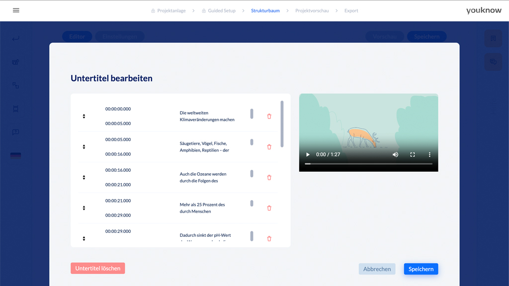 knowtion Untertitel-Editor mit Timecode-Liste und Videoplayer zur Bearbeitung von Untertiteln