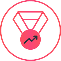 Icon einer Medaille mit Pfeil nach oben in rosa, symbolisiert steigende Leistung oder Erfolg.