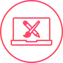 Laptop-Icon mit Stift und Pinsel, Symbol für Design-Software oder kreative digitale Arbeit.