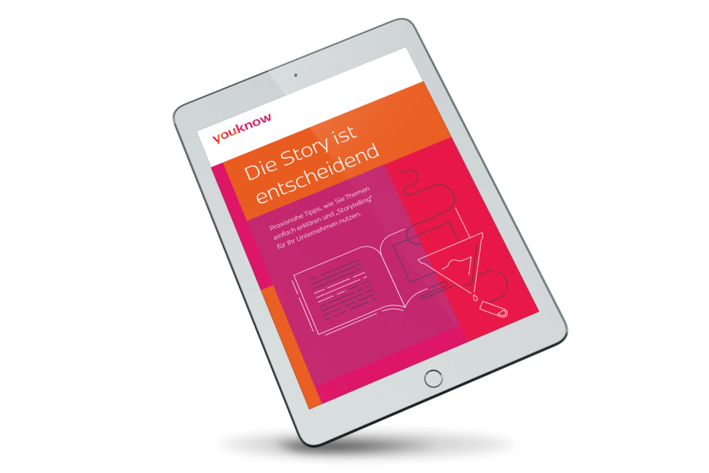 Tablet mit einem Screenshot von einem PDF über Storytelling, die Überschrift ist 