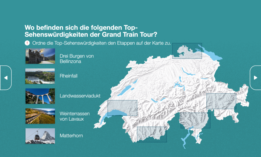 Infografik, die Top Sehenswürdigkeiten an der Grand Train Tour zeigt. Darunter Drei Burgen von Bellinzona, der Rheinfall, das Landwasserviadukt, die Weinterassen von Lavaux und das Matterhorn.