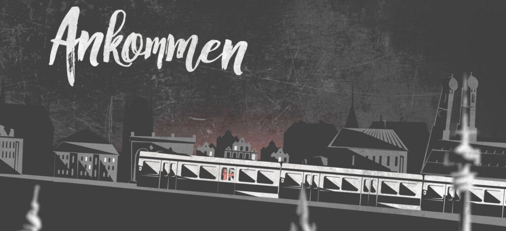 Eine Szene aus dem Video; man sieht die Bahn durch die Skyline von München fahren. Die Illustration ist in schwarz weiß gehalten und man sieht nur den roten Schal des Mädchens in einem Fenster. In weißen geschwungenen Buchstaben steht