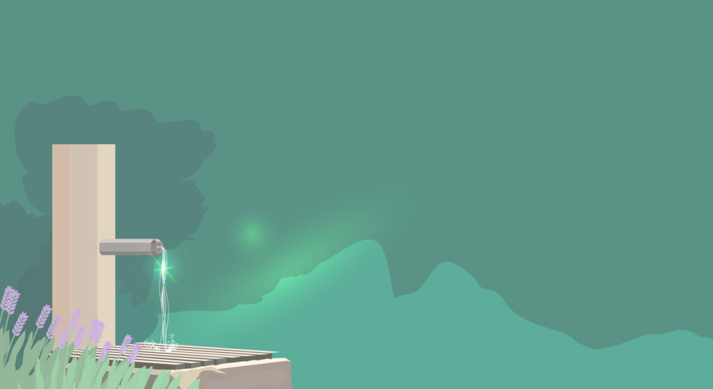 Illustration einer natürlichen Quelle, aus der Wasser fließt, mit Lavendel im Vordergrund und grünen Hügeln im Hintergrund.
