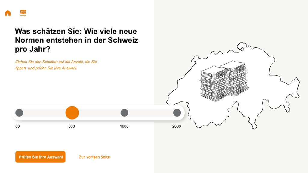 Laptop mit Screenshot aus dem Training, es geht darum wie viele Normen in der Schweiz jährlich entstehen.