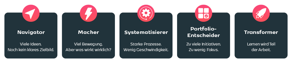 Grafik mit den fünf KI-Lernprofilen des AI-Reality-Checks für L&D: Navigator, Macher, Systematisierer, Portfolio-Entscheider und Transformer.