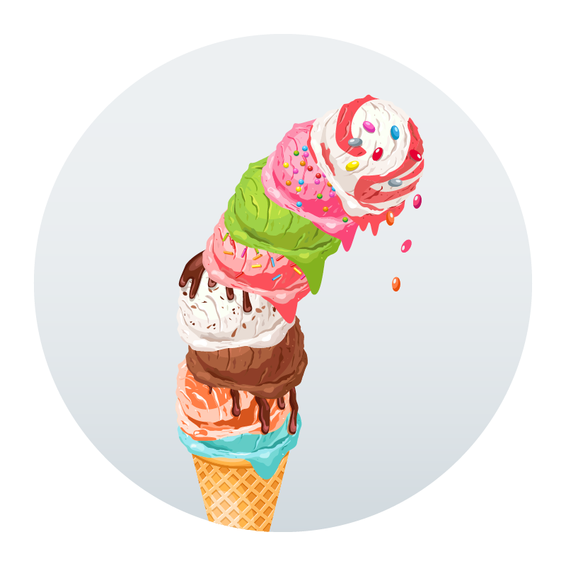 Illustration einer Eiswaffel auf die so viele bunte Eiskugeln gestapelt sind, dass sie umfallen.
