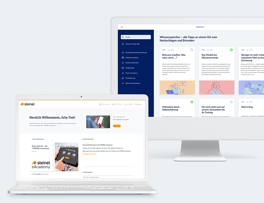 Computerbildschirm und Laptop mit Screenshot aus dem LMS und knowtion.