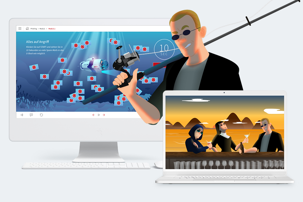 Illustration eines Mannes mit Angelrute vor zwei Bildschirmen, die Phishing-Szenarien und drei Personen mit schwarzer Sonnenbrille in einer Bar darstellen.