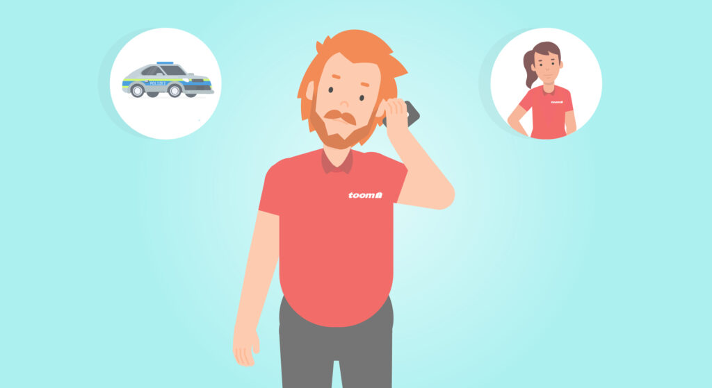 Eine Illustration eines Toom Mitarbeiter der telefoniert. Auf seiner linken Seite befindet sich ein Polizeiauto in einer Bubble und auf der rechten Seite eine Frau, die ebenfalls bei Toom arbeitet.