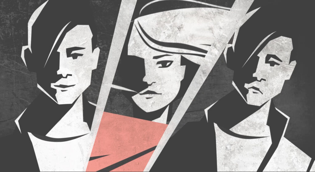 Eine Szene aus dem Video; Portraits von zwei Jungen und einem Mädchen mit rotem Schal.