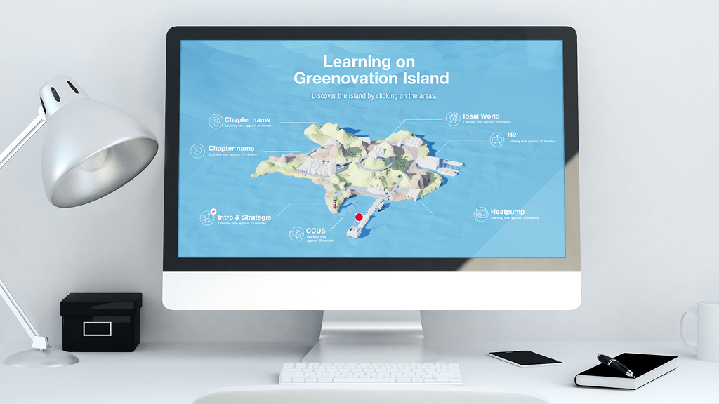 Computermonitor zeigt Greenovation Island Lernplattform mit interaktiver Karte und Themen wie Ideal World, H2 und