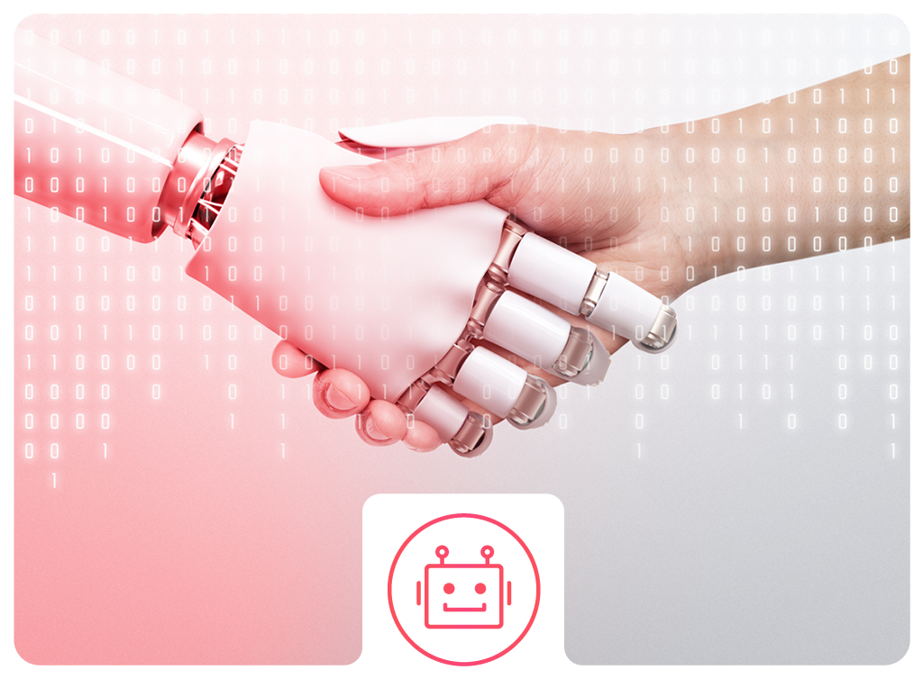 Ein eine menschliche und eine Roboterhand, die sich begrüßen. Um sie herum fliegen Binärcodes.