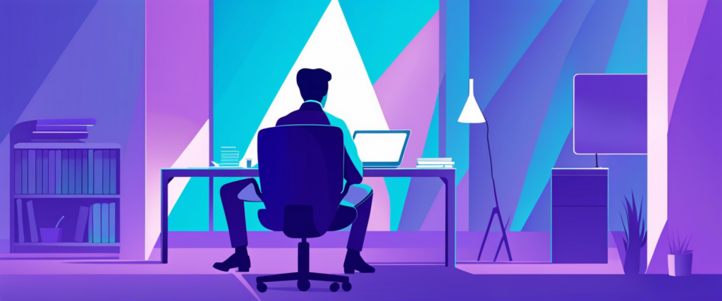Diese mit AI generierte Illustration zeigt eine Person, die mit den Rücken zum Betrachtenden an einem Schreibtisch mit einem Laptop sitzt. Der Raum ist modern eingerichtet, mit einem Bücherregal auf der linken Seite, einer Stehlampe und einem Schrank auf der rechten Seite. Im Hintergrund sind große Fenster zu sehen, die abstrakte Formen zeigen. Der Fehler ist der Körper beziehungsweise die unnatürliche Haltung der Beine der Person.