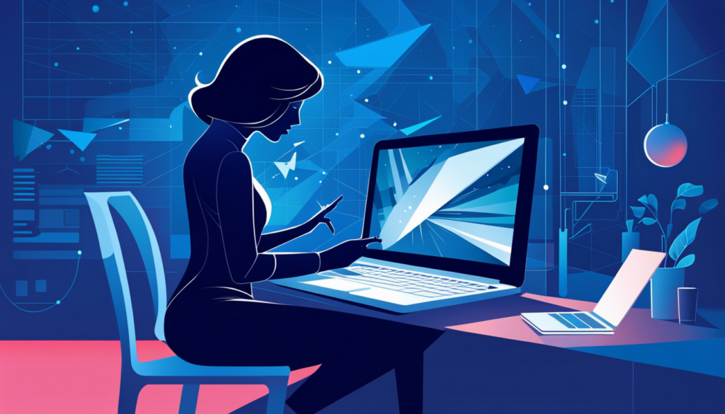 Diese von KI generierte Illustration zeigt eine weibliche person die an einem Laptop arbeitet, die Szene wird von der Seite gezeigt. Der Laptop ist viel zu groß proportioniert und die Hände sehen unförmig aus.