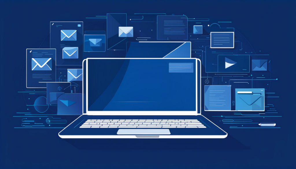 Eine von KI generierte Illustration, die einen Laptop zeigt und im Hintergrund fliegen Symbole von Briefumschlägen und Texten herum. Der Laptop ist unproportional.