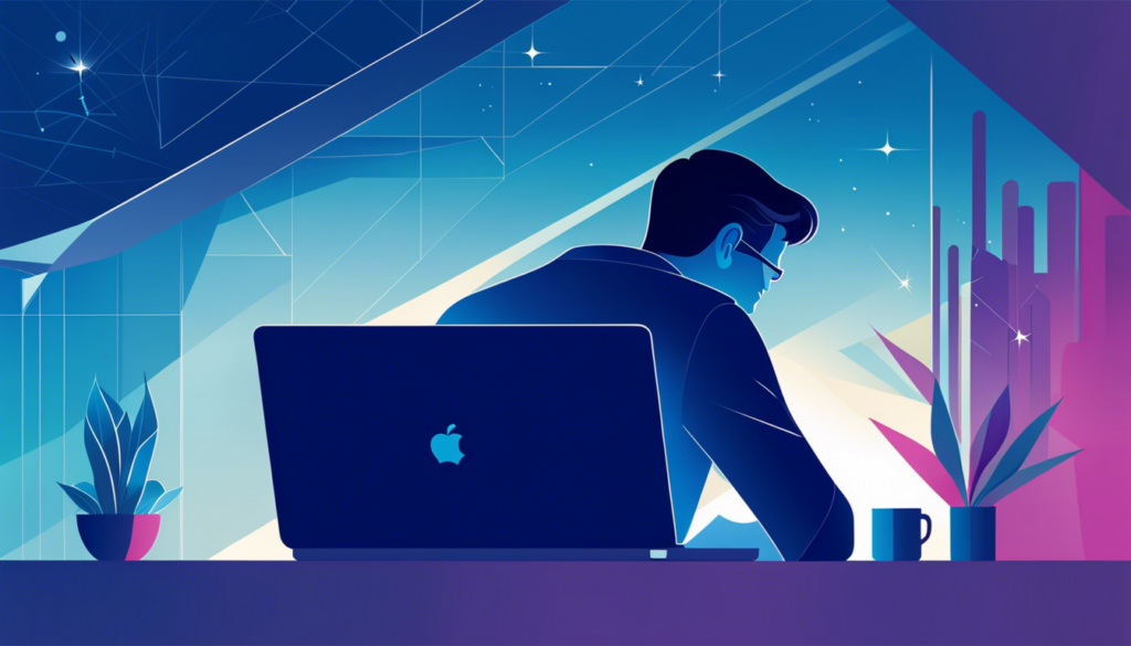Diese mit AI generierte Illustration zeigt einen Mann der vor einem Laptop sitzt, neben ihm stehen Pflanzen und eine Tasse. Der Hintergrund erinnert an einen Sternenhimmel. Der Fehler ist, dass der Mann dem Betrachtenden den Rücken zuwendet.