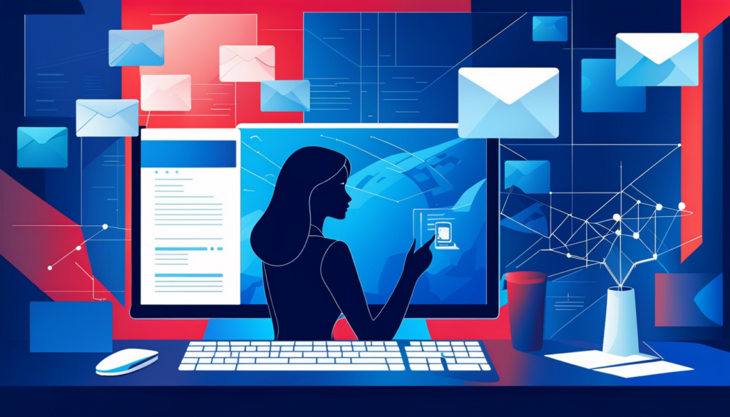 Diese mit AI generierte Illustration zeigt eine Person, die vor einem Computerbildschirm sitzt und einen Finger auf den Bildschirm richtet. Der Schreibtisch ist mit einer Tastatur, einer Maus und einem Becher ausgestattet. Im Hintergrund sind zahlreiche schwebende Briefumschlagsymbole zu sehen, die E-Mails darstellen. Der Fehler ist dass die Person zwischen Tastatur und Bildschirm steht und nicht am Schreibtisch im Vordergrund steht.