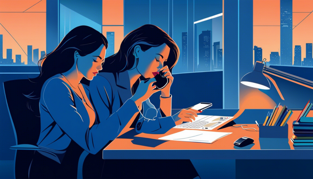 Diese Illustration, die mit AI generiert wurde, zeigt eine beziehungsweise zwei Personen in einem Büro, die an einem Schreibtisch arbeiten. Die Person hält ein Telefon und einen Stift, während sie auf ein Dokument schaut. Die Szene ist in Blau- und Orangetönen gehalten, was eine Abendstimmung suggeriert. Im Hintergrund sind Fenster mit einer Stadtlandschaft zu sehen. Ein Fehler im Bild ist, dass die Personen die eigentlich nur eine sein sollte, ineinander verschmolzen sind.