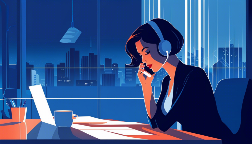 Diese Illustration, die mit AI generiert wurde, zeigt eine Person mit Kopfhörern, die an einem Schreibtisch sitzt und ein Telefon hält. Der Schreibtisch ist mit einem Laptop, einer Tasse und einem Stiftehalter ausgestattet. Im Hintergrund ist eine Stadtlandschaft durch große Fenster zu sehen. Ein Fehler ist der fehlende linke Arm.