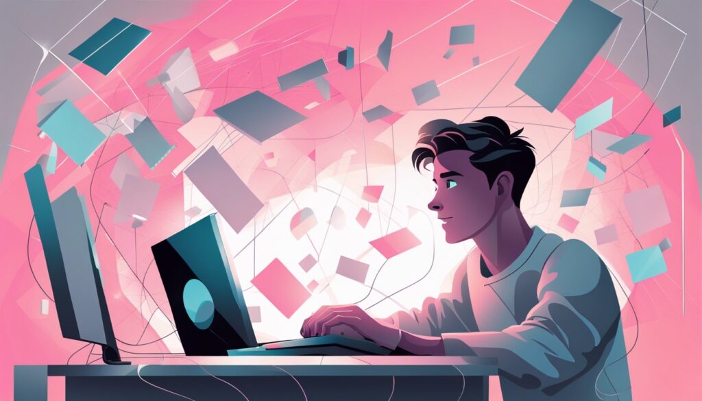 Eine mit KI generierter Illustration, sie zeigt einen jungen Mann der vor einem Laptop sitzt und im Hintergrund fliegen verschiedene Objekte die an Notizbücher und elektronische Geräte erinnern herum.