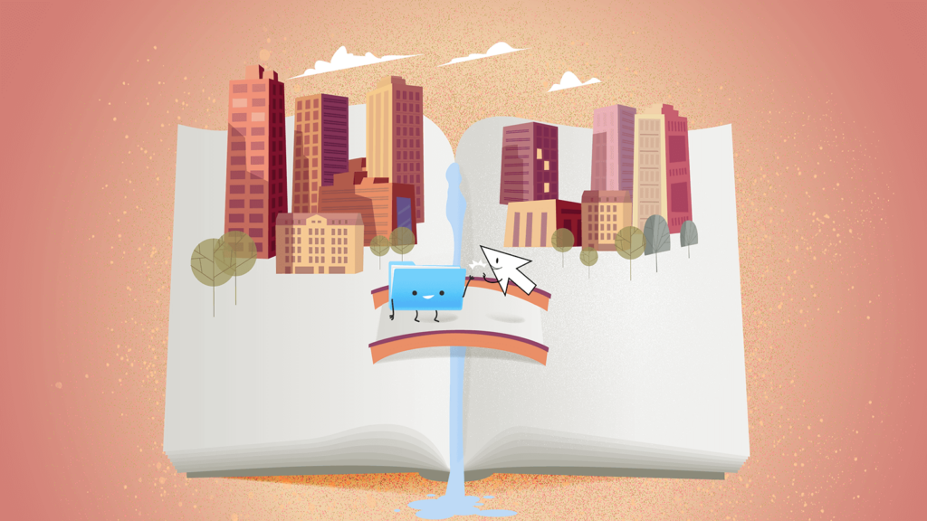 Eine Illustration zeigt ein offenes Buch, aus dem eine Stadtlandschaft mit hohen Gebäuden und Bäumen emporsteigt. In der Mitte des Bildes steht eine Brücke, auf der eine lächelnde blaue Comicfigur in Form eines Dateiordners und ein lächelnder Mauszeiger sich die Hand reichen. Der Hintergrund ist in warmen Farbtönen gehalten und strahlt eine freundliche Atmosphäre aus.