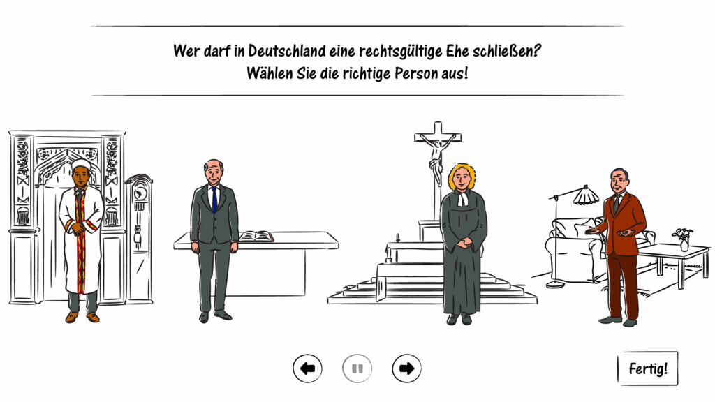 Illustration von vier Personen in unterschiedlichen beruflichen Outfits mit der Frage